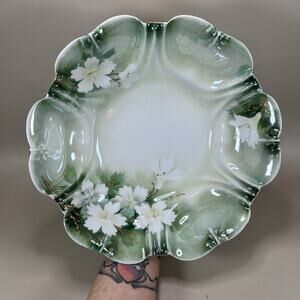 Antique RS Germany 10.25” Serving Bowl Lily Floral Green, Raised Gilt/Gold